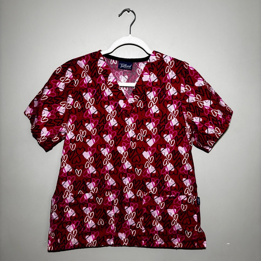Tafford Heart Print Scrub Top Red Pink 100% Cotton Nurse Medical Uniform Sz S